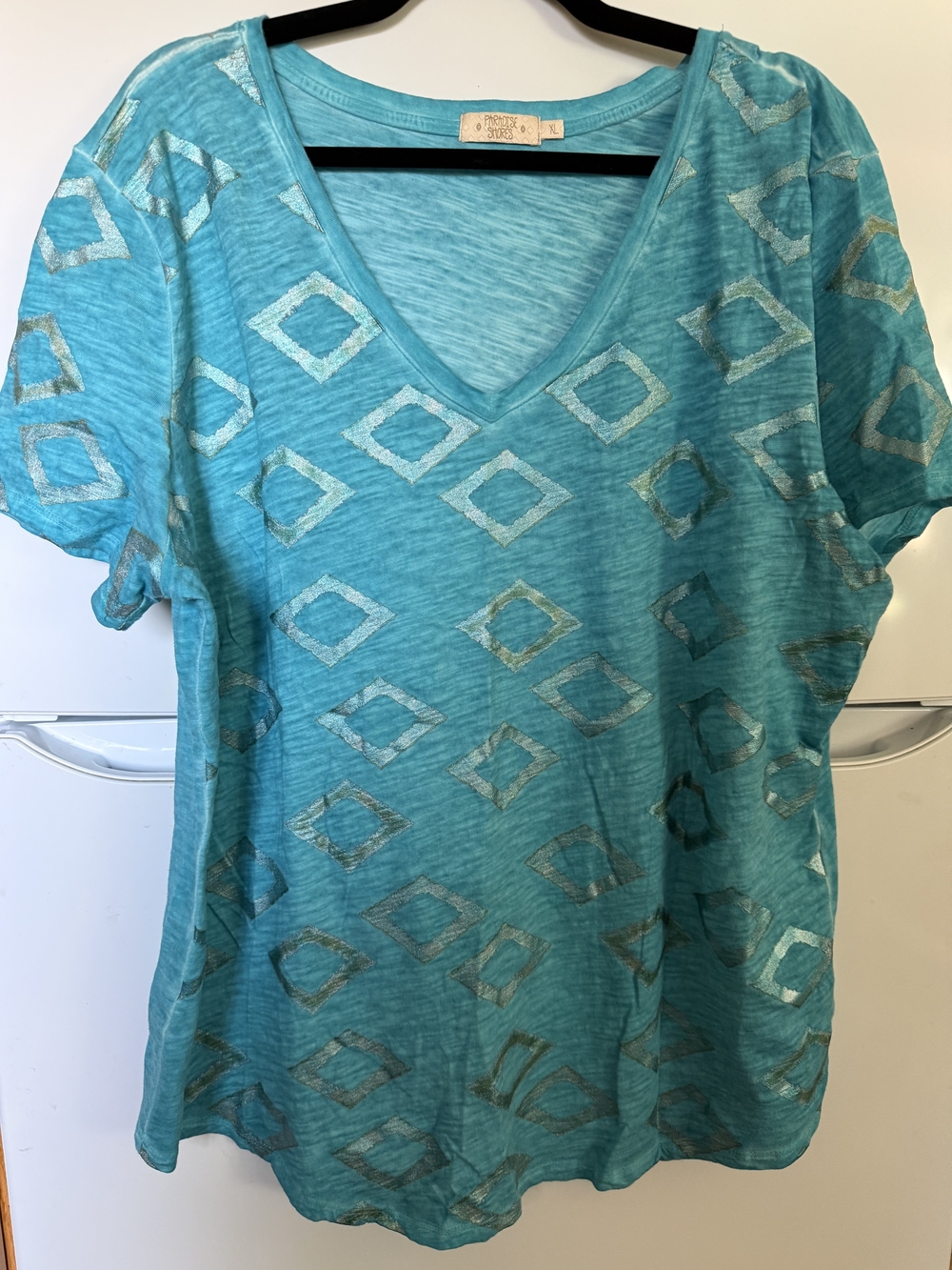 Women’s Turquoise V-Neck Short Sleeve Top with Metallic Diamond Accents